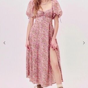 For Love & Lemons Pink Floral Maxi Dress with Puff Sleeves